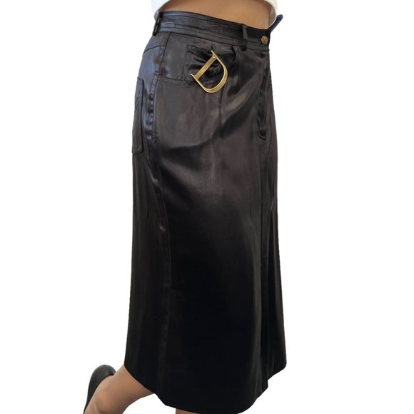 Christian Dior Vintage D Buckle Satin Skirt #40 Zip Black Gold [103155] - Picture 2 of 10